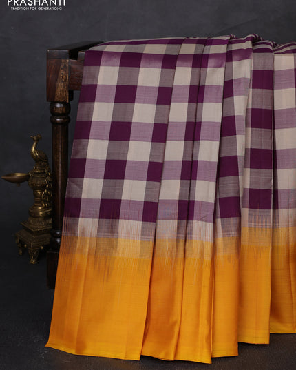 Pure soft silk saree multi colour and mustard yellow with allover paalum pazhamum checked pattern and zari woven simple border