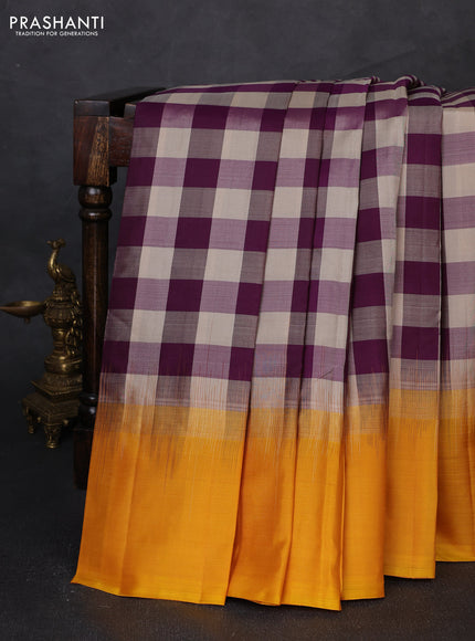Pure soft silk saree multi colour and mustard yellow with allover paalum pazhamum checked pattern and zari woven simple border