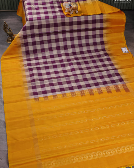 Pure soft silk saree multi colour and mustard yellow with allover paalum pazhamum checked pattern and zari woven simple border