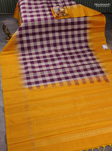 Pure soft silk saree multi colour and mustard yellow with allover paalum pazhamum checked pattern and zari woven simple border