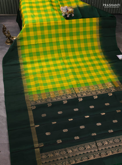 Pure soft silk saree multi colour and green with allover paalum pazhamum checked pattern and zari woven simple border