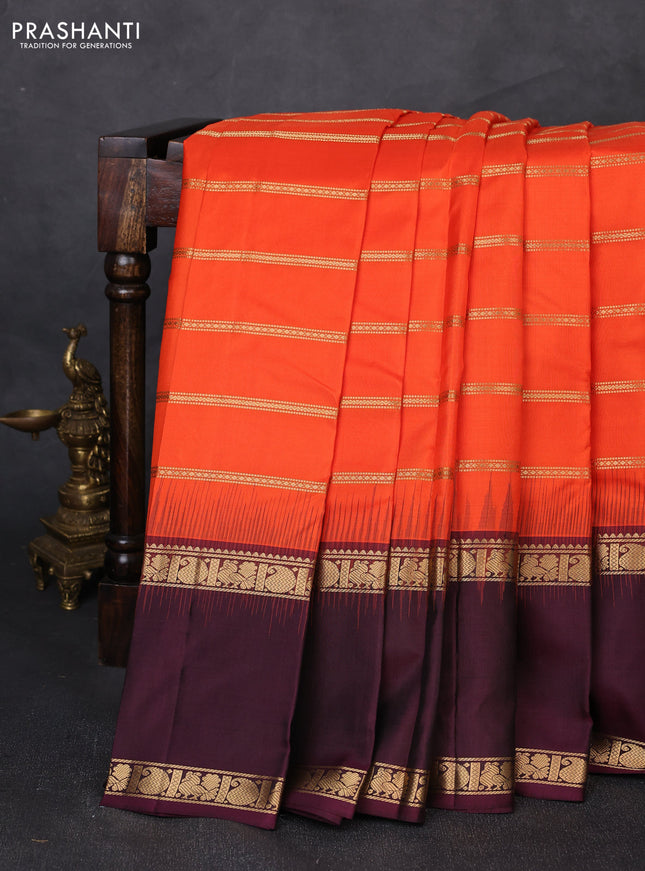 Pure soft silk saree orange and deep wine with allover zari weaves pattern and long rettapet zari woven border