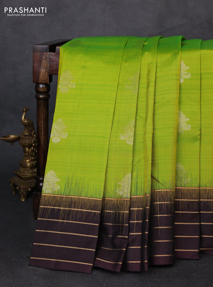 Pure soft silk saree light green and coffee brown with zari woven buttas and zari woven border