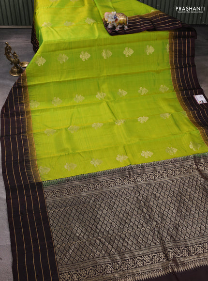 Pure soft silk saree light green and coffee brown with zari woven buttas and zari woven border
