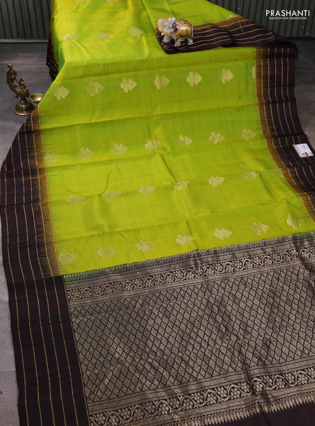 Pure soft silk saree light green and coffee brown with zari woven buttas and zari woven border