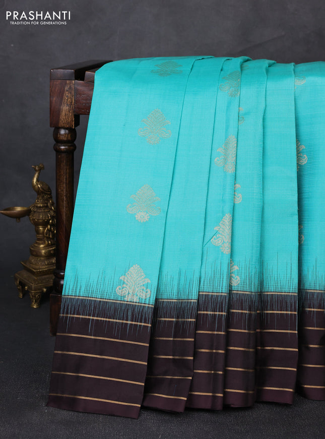 Pure soft silk saree teal blue and coffee brown with zari woven buttas and zari woven border