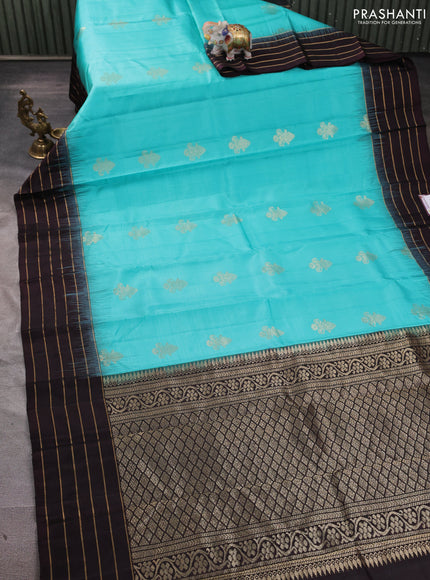Pure soft silk saree teal blue and coffee brown with zari woven buttas and zari woven border