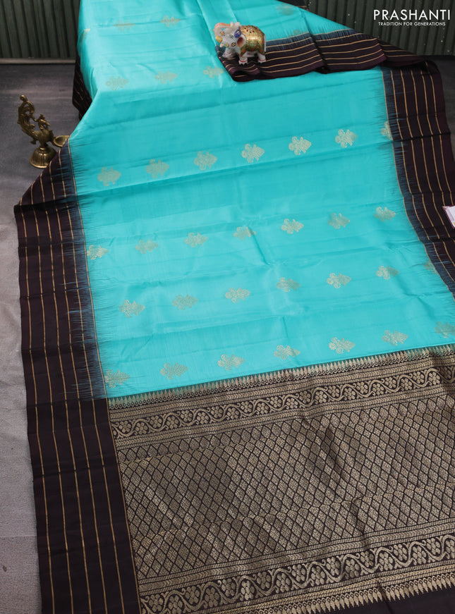 Pure soft silk saree teal blue and coffee brown with zari woven buttas and zari woven border
