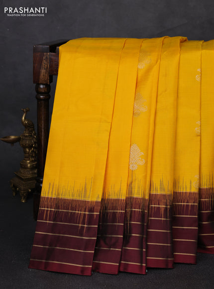Pure soft silk saree mustard yellow and deep maroon with zari woven buttas and zari woven border