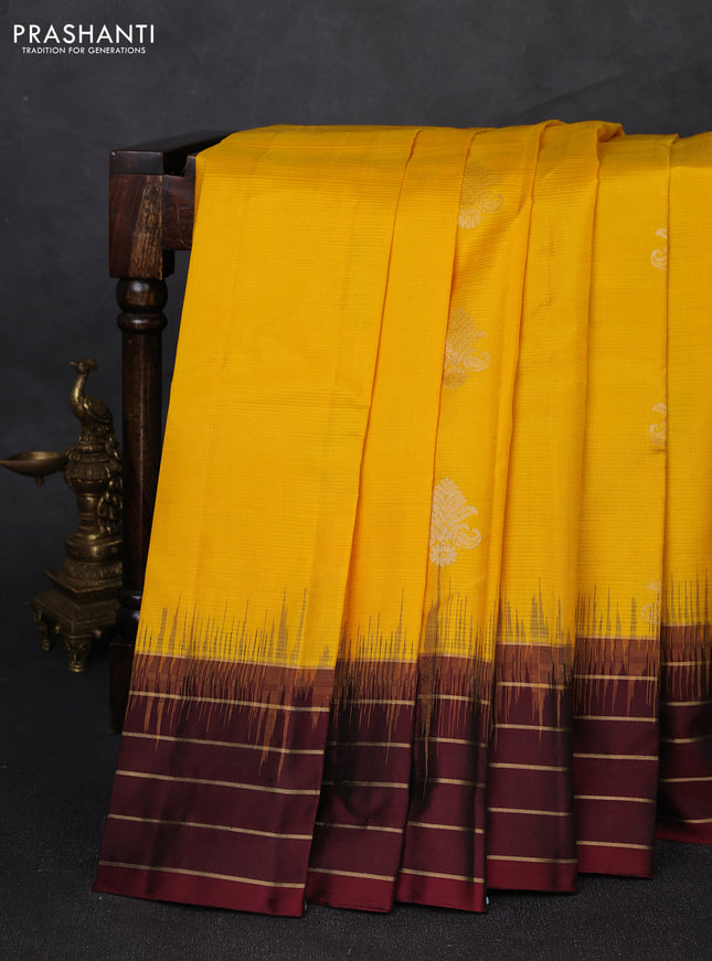 Pure soft silk saree mustard yellow and deep maroon with zari woven buttas and zari woven border