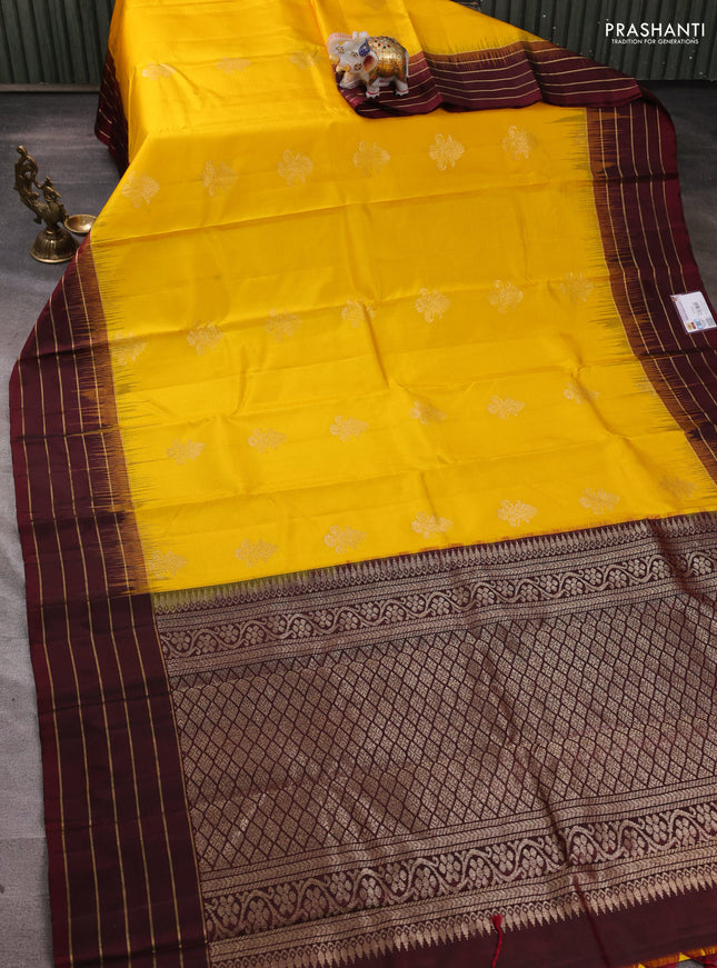 Pure soft silk saree mustard yellow and deep maroon with zari woven buttas and zari woven border