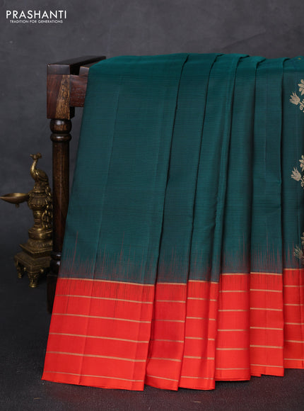 Pure soft silk saree peacock green and orange with zari woven buttas and zari woven border