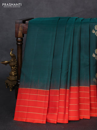 Pure soft silk saree peacock green and orange with zari woven buttas and zari woven border