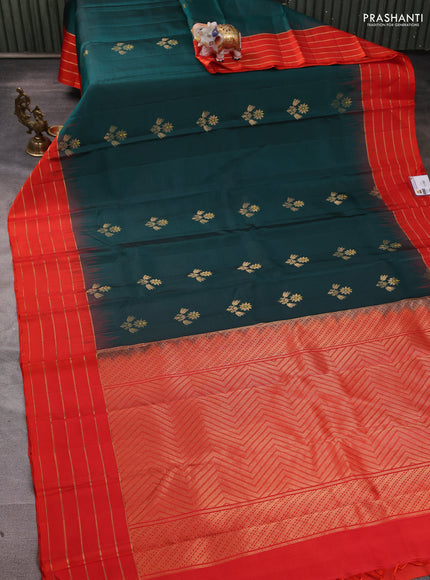 Pure soft silk saree peacock green and orange with zari woven buttas and zari woven border