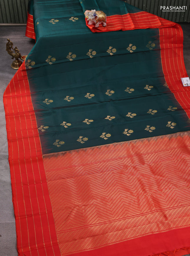 Pure soft silk saree peacock green and orange with zari woven buttas and zari woven border