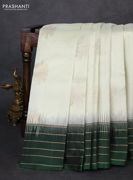 Pure soft silk saree off white and bottle green with zari woven buttas and zari woven border