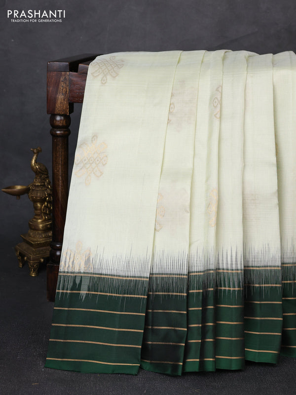 Pure soft silk saree off white and bottle green with zari woven buttas and zari woven border