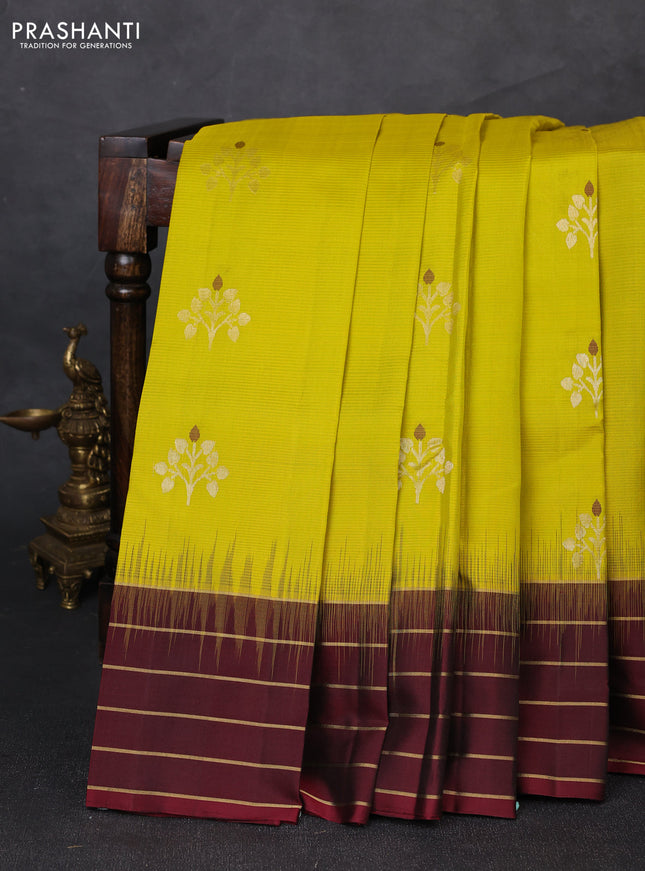 Pure soft silk saree lime green and deep maroon with zari woven buttas and zari woven border