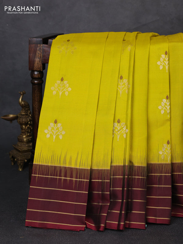 Pure soft silk saree lime green and deep maroon with zari woven buttas and zari woven border