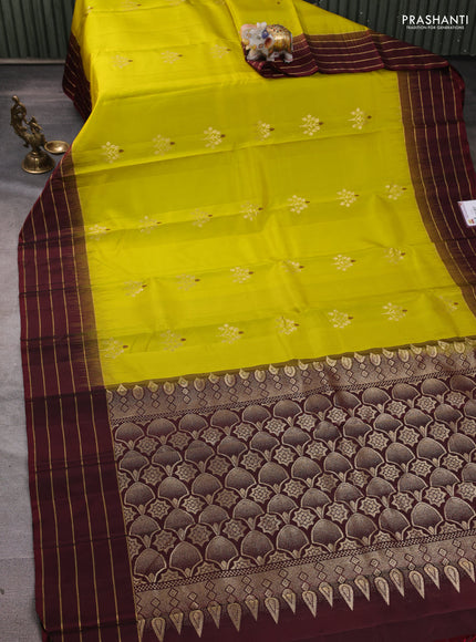 Pure soft silk saree lime green and deep maroon with zari woven buttas and zari woven border