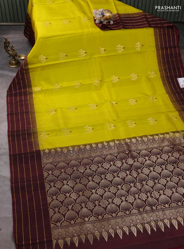 Pure soft silk saree lime green and deep maroon with zari woven buttas and zari woven border