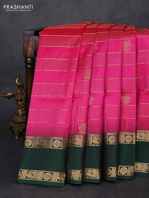 Pure soft silk saree pink and bottle green with allover zari weaves & buttas and rettapet zari woven border