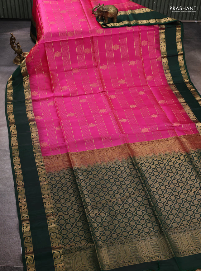 Pure soft silk saree pink and bottle green with allover zari weaves & buttas and rettapet zari woven border