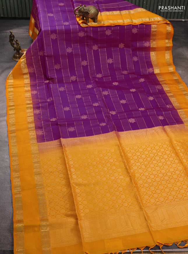Pure soft silk saree magenta pink and mango yellow with allover zari weaves & buttas and rettapet zari woven border