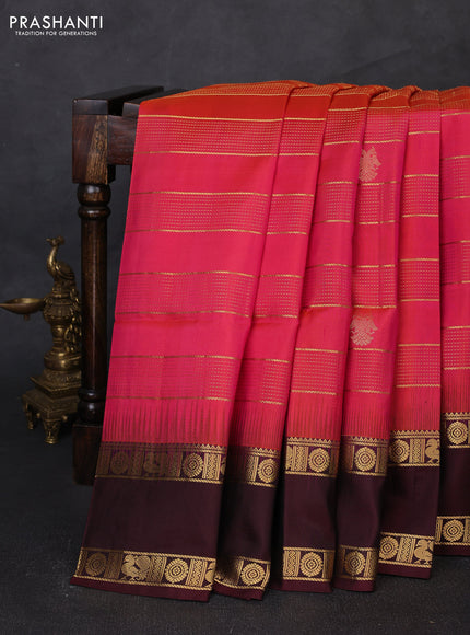 Pure soft silk saree dual shade of pinkish orange and deep maroon with allover zari weaves & buttas and rettapet zari woven border