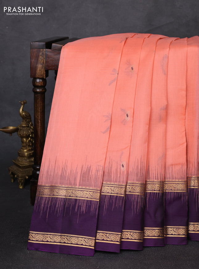 Pure soft silk saree peach orange and purple with allover thread & zari woven buttas and rettapet zari woven border