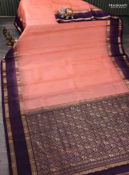 Pure soft silk saree peach orange and purple with allover thread & zari woven buttas and rettapet zari woven border