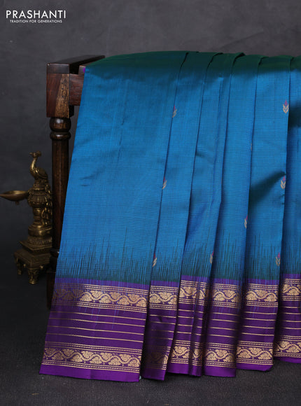 Pure soft silk saree peacock blue and violet with allover thread & zari woven buttas and zari woven border