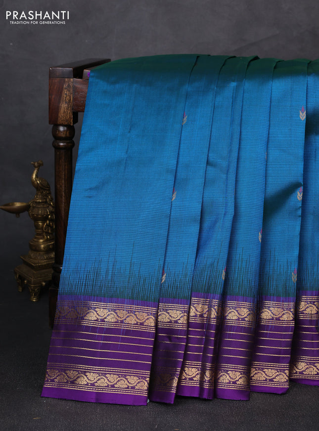 Pure soft silk saree peacock blue and violet with allover thread & zari woven buttas and zari woven border