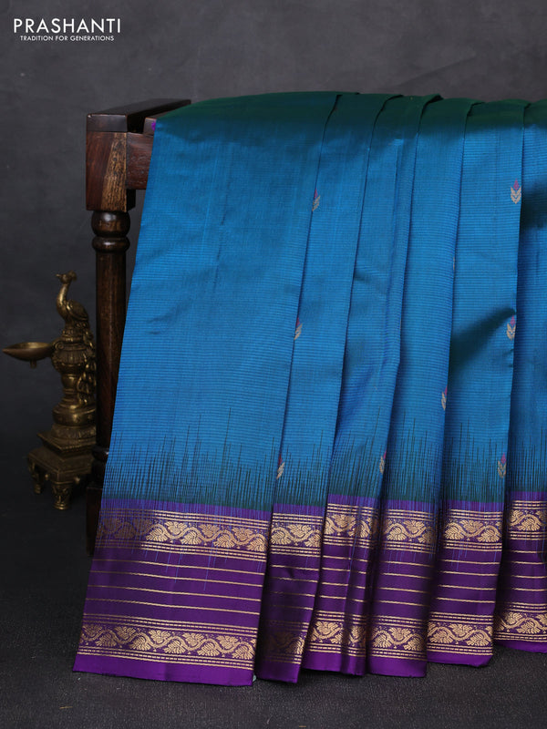 Pure soft silk saree peacock blue and violet with allover thread & zari woven buttas and zari woven border