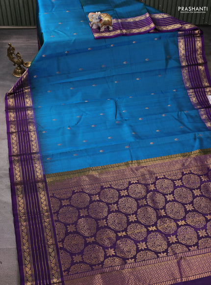 Pure soft silk saree peacock blue and violet with allover thread & zari woven buttas and zari woven border