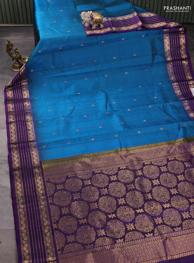 Pure soft silk saree peacock blue and violet with allover thread & zari woven buttas and zari woven border