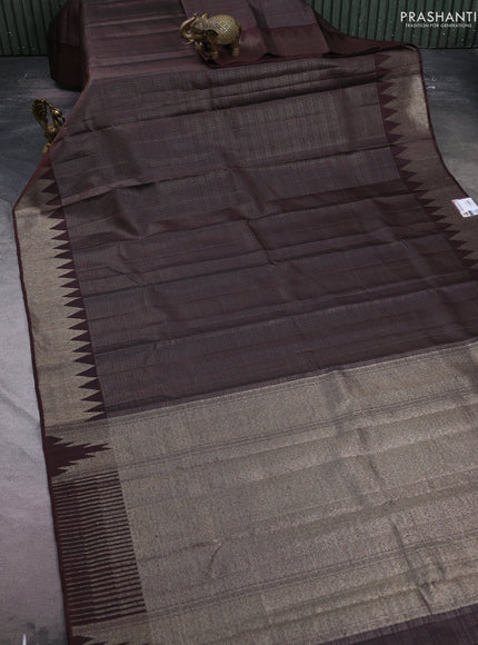 Pure soft silk saree coffee brown with allover zari woven small checked pattern and silver zari woven border