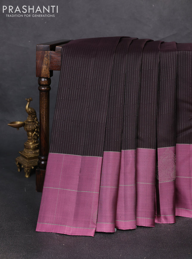 Pure soft silk saree coffee brown and mauve pink with allover zari weaves and silver zari woven checked border