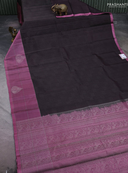 Pure soft silk saree coffee brown and mauve pink with allover zari weaves and silver zari woven checked border