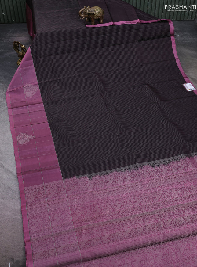 Pure soft silk saree coffee brown and mauve pink with allover zari weaves and silver zari woven checked border
