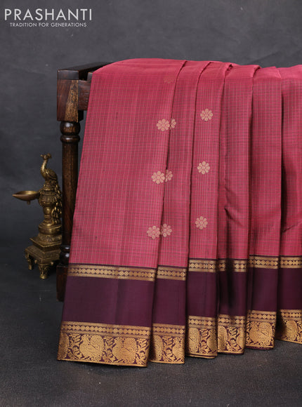 Pure soft silk saree pink shade and wine shade with allover zari woven small checked pattern and rettapet zari woven border