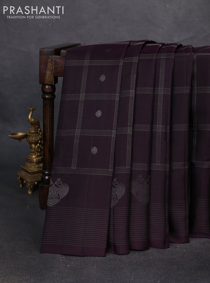 Pure soft silk saree jamun shade and dual shade of bluish green with allover zari checks & buttas and zari woven border