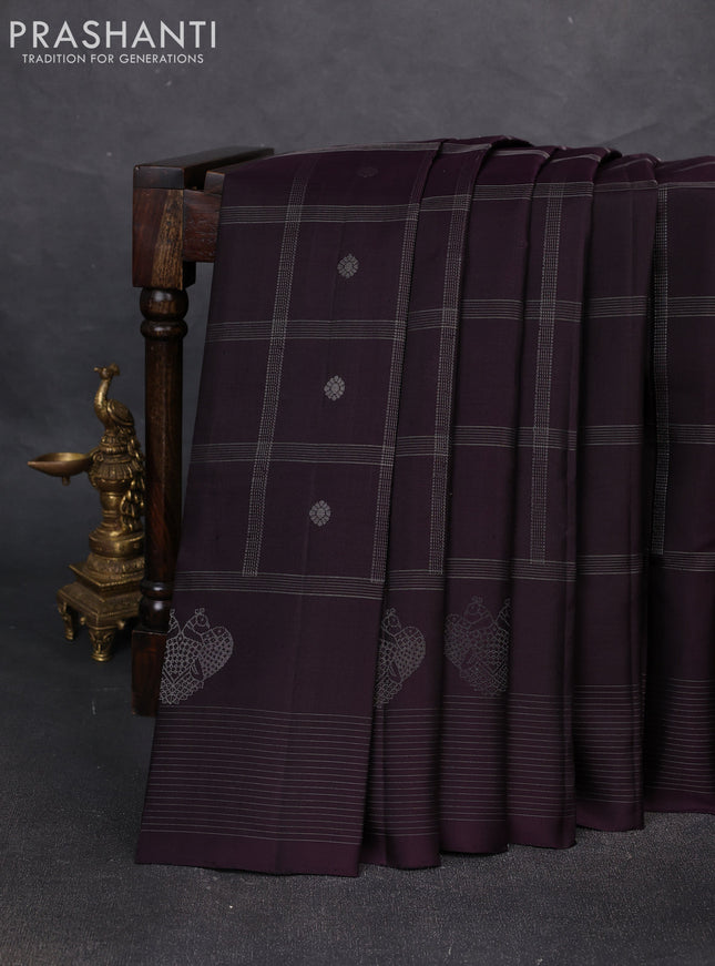 Pure soft silk saree jamun shade and dual shade of bluish green with allover zari checks & buttas and zari woven border