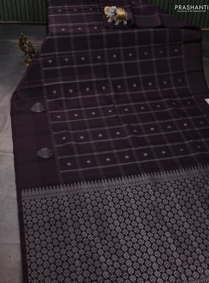 Pure soft silk saree jamun shade and dual shade of bluish green with allover zari checks & buttas and zari woven border