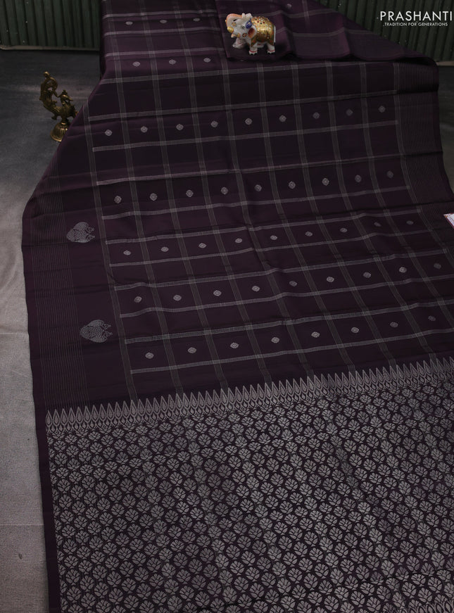 Pure soft silk saree jamun shade and dual shade of bluish green with allover zari checks & buttas and zari woven border