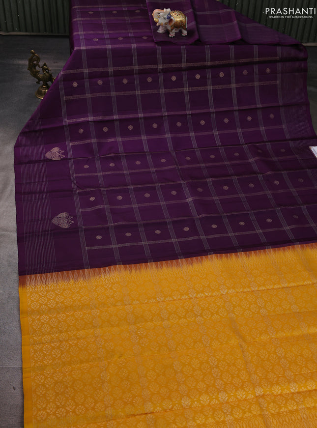 Pure soft silk saree purple and yellow with allover zari checks & buttas and zari woven border