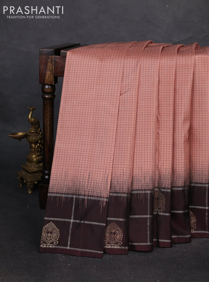 Pure soft silk saree pastel peach and coffee brown with allover small checked pattern and zari woven checked border