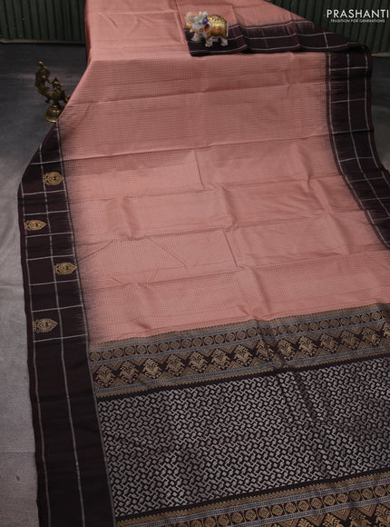 Pure soft silk saree pastel peach and coffee brown with allover small checked pattern and zari woven checked border