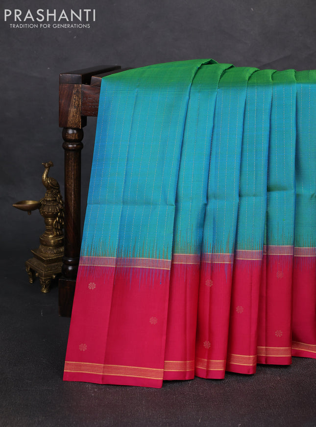 Pure soft silk saree dual shade of teal bluish green and pink with allover zari stripe weaves and zari woven butta border