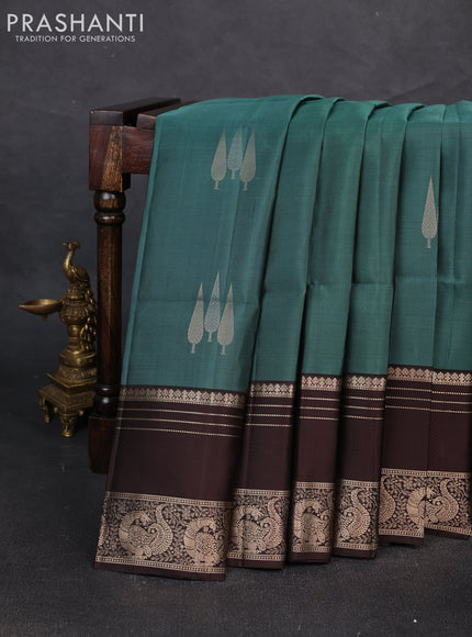 Pure soft silk saree green shade and coffee brown with zari woven buttas and long zari woven border